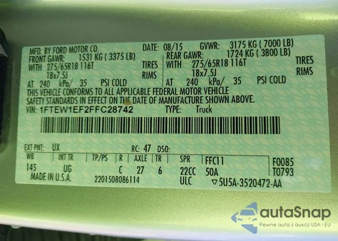 2015 Ford F-150 Xlt z USA, uszkodzony, nr VIN 1FTEW1EF2FFC28742